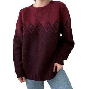 Vintage Eddie Bauer Mens Red Purple Fair Isle 100% Lambs Wool Ski Sweater Sz L